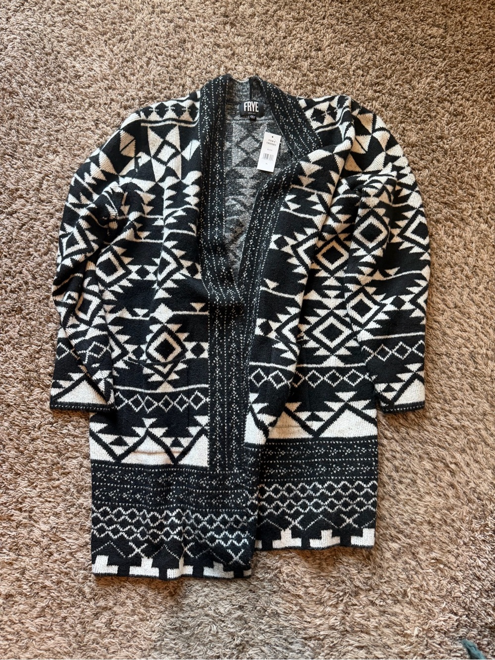 NWT Frye Aztec Geometric Open Front Longline Cardigan Sweater Black White XL